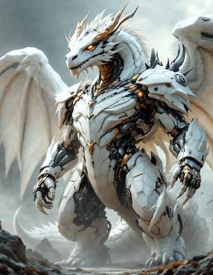 The primary subject of the image is a white dragon with a gold and black head, standing in front of a cloudy sky. The dragon appears to be a futuristic robotic creature, with a mix of organic and mechanical elements. The setting is a dark, cloudy sky, which adds to the overall mood of the image. The visual style is a combination of digital art and illustration, creating a unique and intriguing scene.